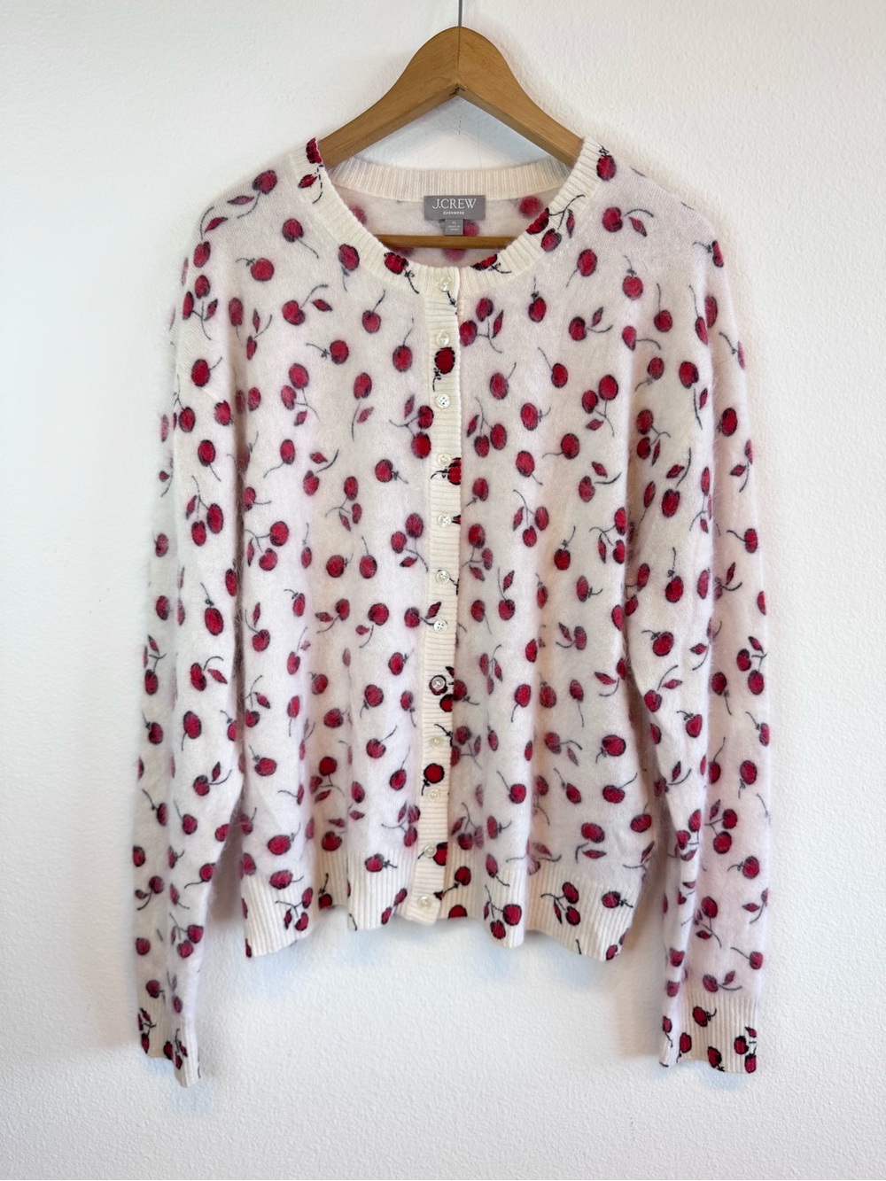 J. Crew Brushed Cashmere Cardigan Cherry Print Fuzzy - Picture 2 of 15